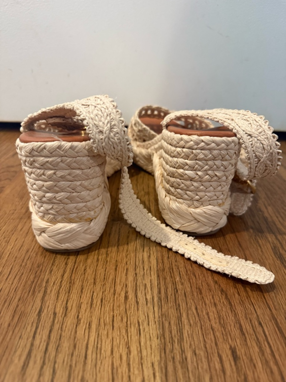 Tory Burch Cream Crochet Wedge Sandals with Gold Buckle - Picture 5 of 6